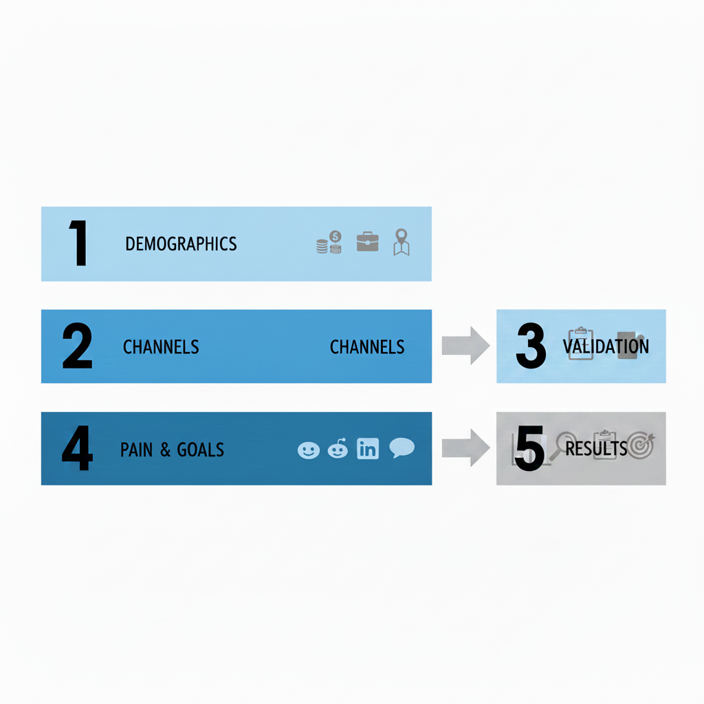 3-step flow: 1. Demographics, 2. Pain points & goals, 3. Preferred channels.