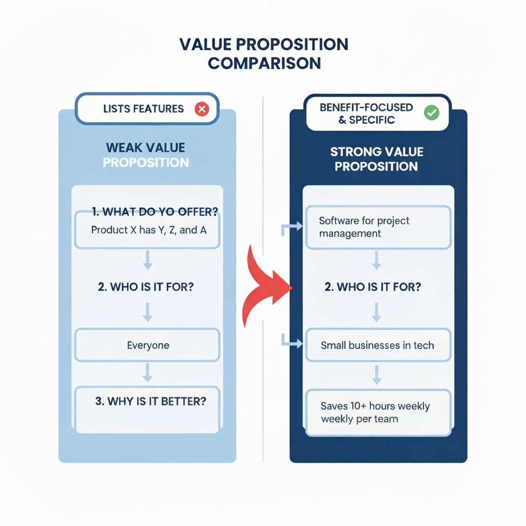 Comparison of weak vs strong value proposition in marketing fundamentals: features vs benefits, answering what, who, and