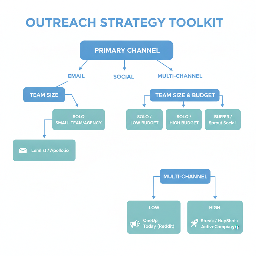 Flowchart for choosing AI marketing tools based on channel, team size, and budget.