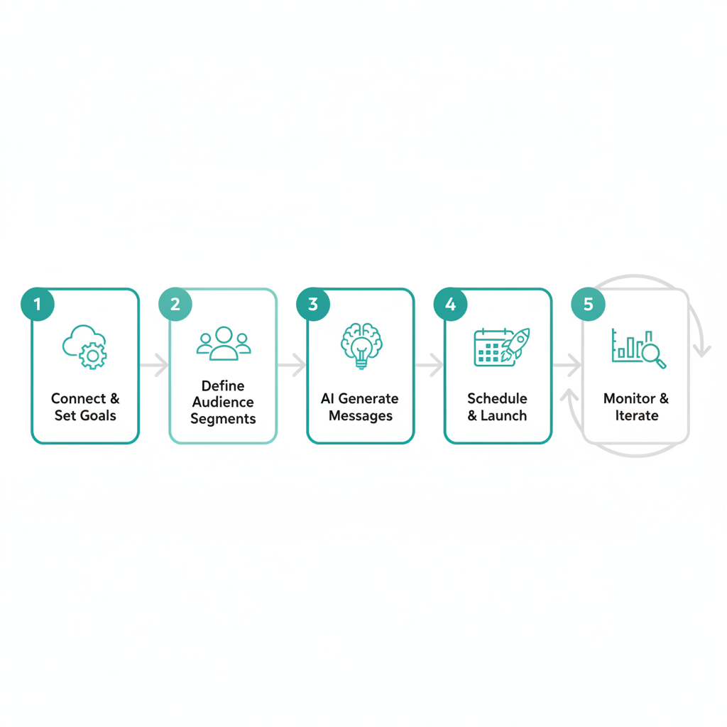 Step-by-step guide diagram: connect, segment, AI personalize, schedule, analyze.