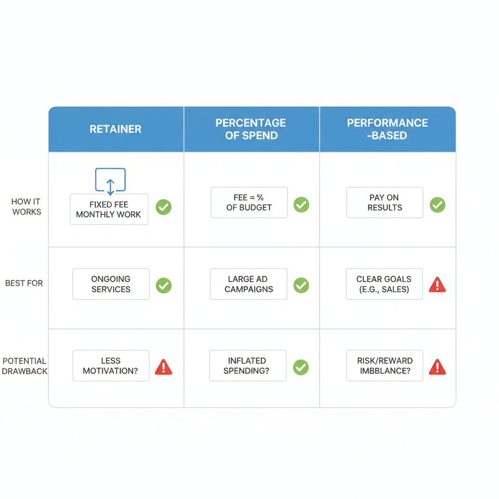 Comparison table of Google Ads agency pricing models: retainer, percentage, performance.
