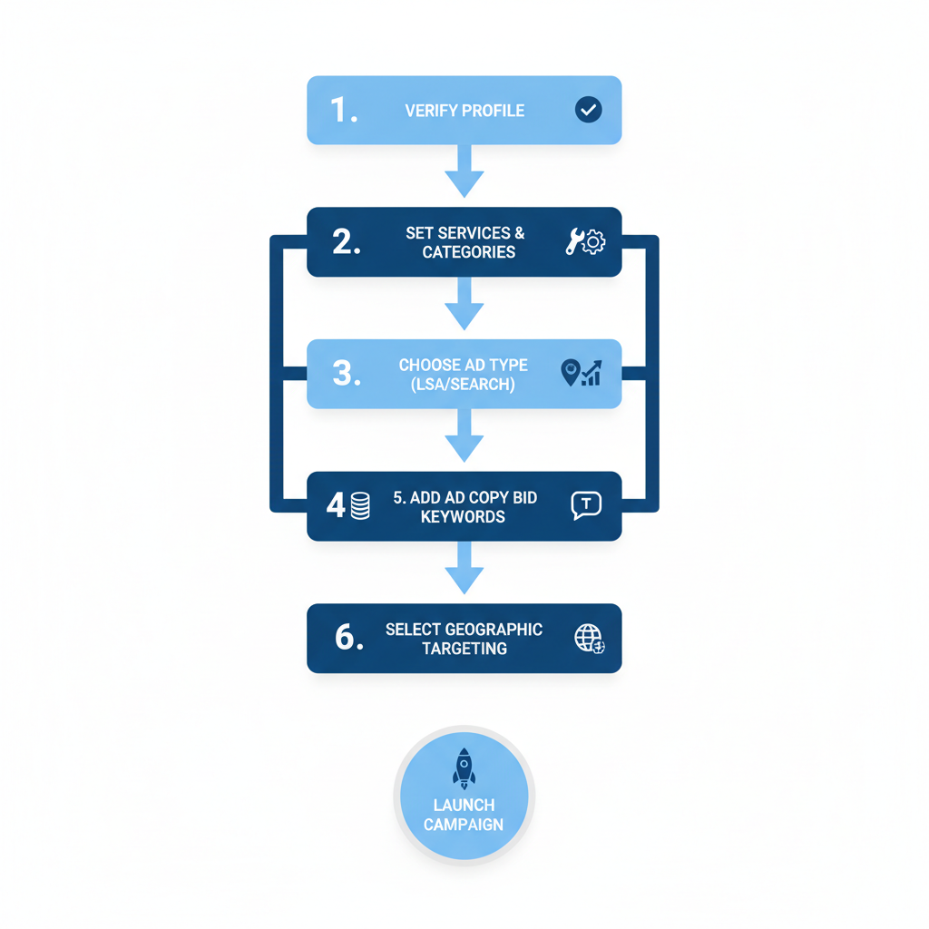 Step-by-step setup diagram for Google Local Ads for SaaS, from profile verification to campaign launch.