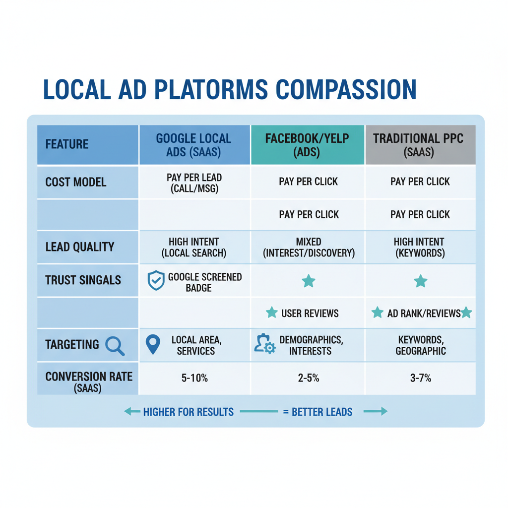 Comparison of Google Local Ads vs other platforms for SaaS lead generation, highlighting cost and lead quality.