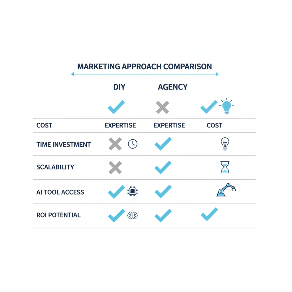 Comparison table for DIY versus ecommerce digital marketing agency in 2026, showing agency wins in expertise, scalabilit