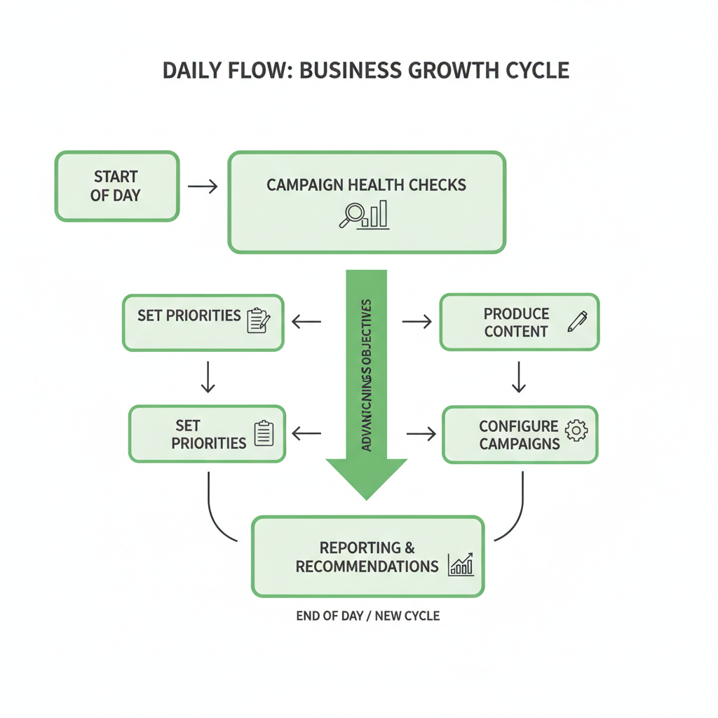 Flowchart of a typical workday in digital marketing specialist jobs: check performance, set priorities, produce content,