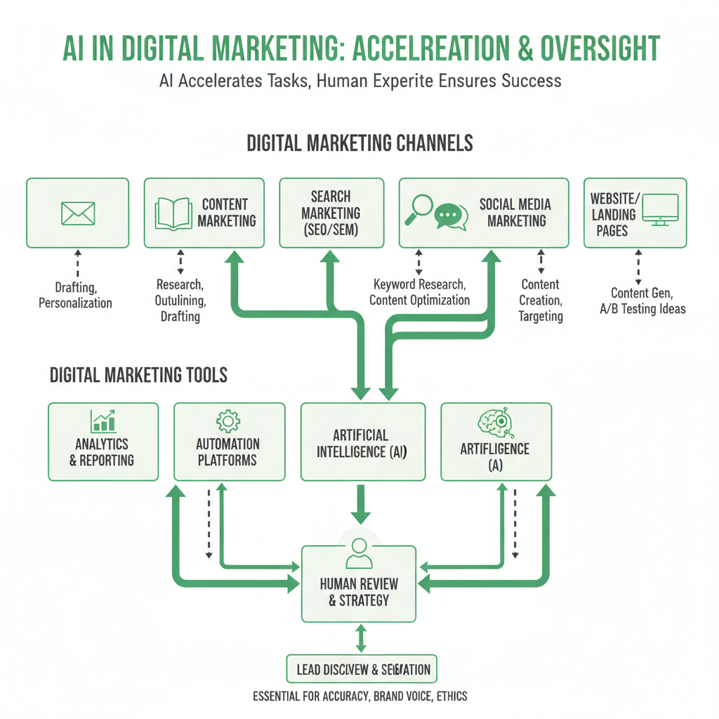 Diagram of channels and AI workflows in digital marketing specialist jobs: email, content, search, social, website, with
