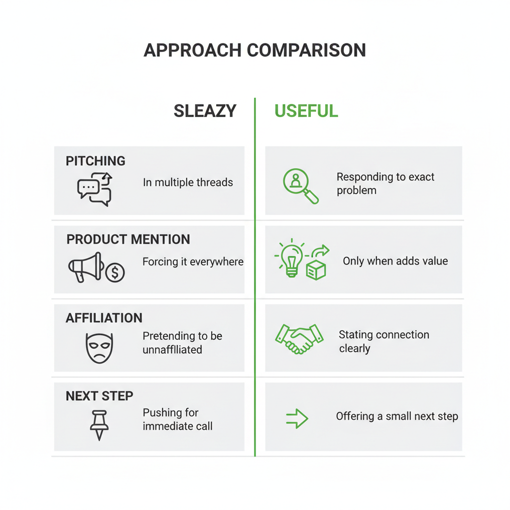 Comparison table of sleazy vs. useful Reddit sales approaches for pitching, product mention, disclosure, and next step.