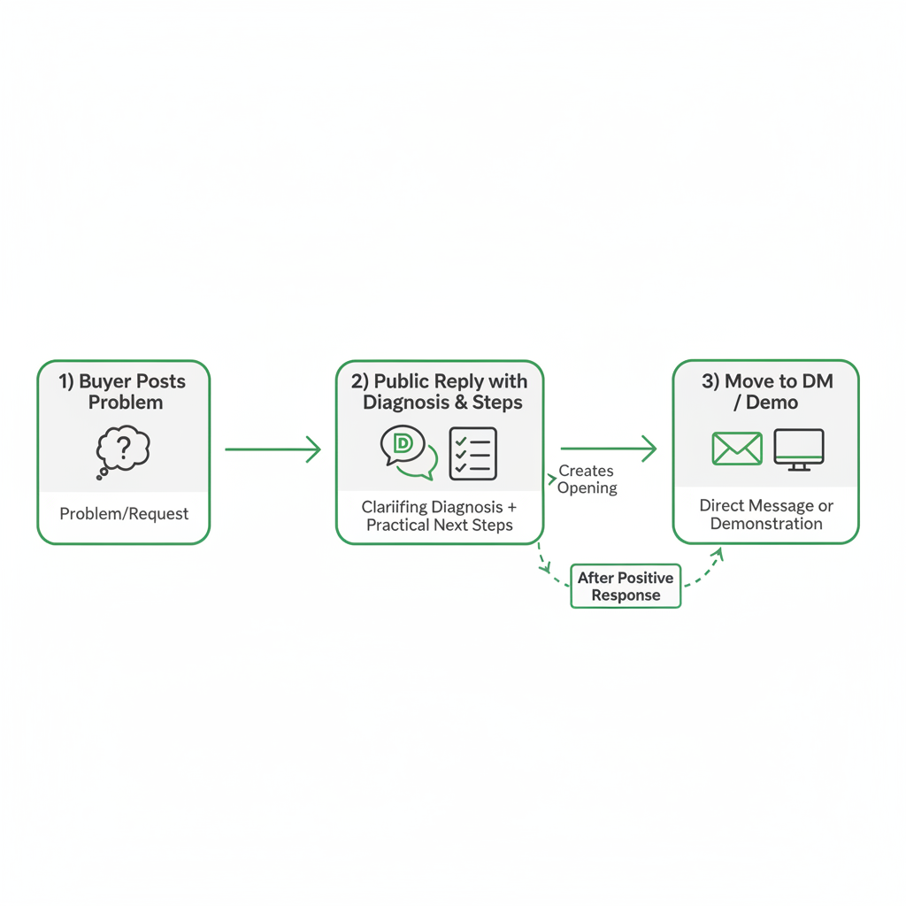 Flowchart of Reddit B2B SaaS lead generation: public reply first, private follow-up second.